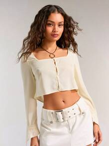 Forever 21 Áo sơ mi dài tay cổ vuông màu trơn dành cho nữ mùa xuân hè thường ngày để mặc hàng ngày - Màu vàng - Xem 1