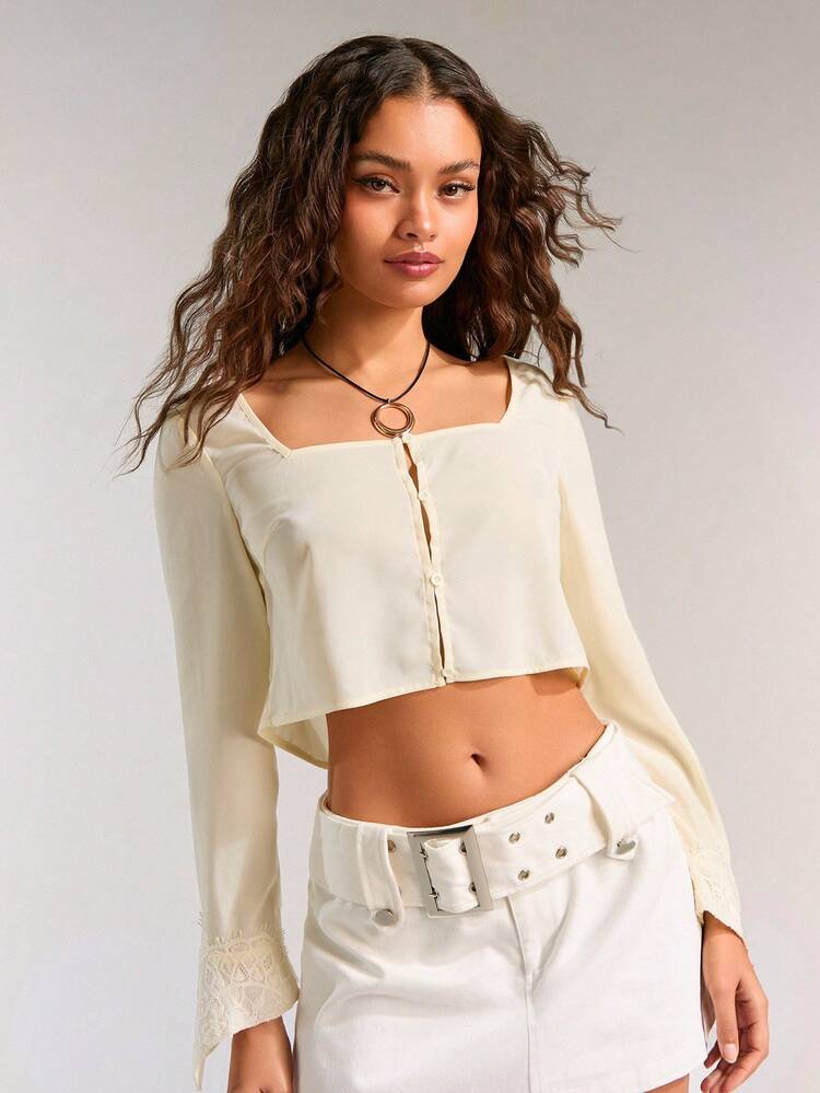 Ladies" Solid Color Square Neck Casual Spring Summer Long Sleeve Shirt For Daily Wear