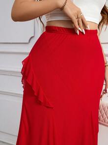 SHEIN Privé 夏季加大碼優雅簡約高腰荷葉邊魚尾裙 - 紅色 - 查看 3