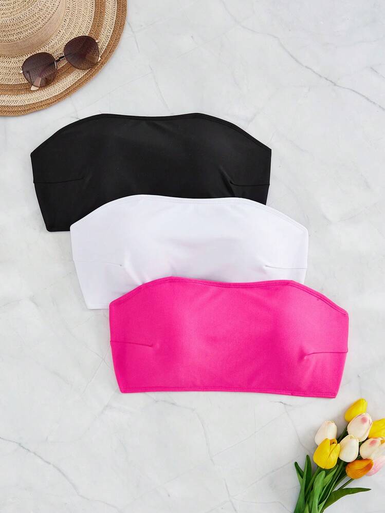 Swim Vcay Plus Size 3 Piece Set Summer Beach Solid Color Padded Bandeau Bikini Top - Multicolor - View 1