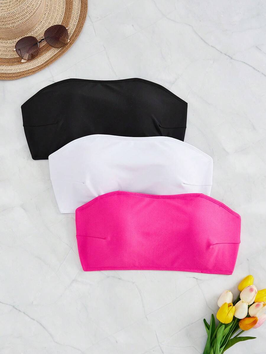 Swim Vcay Plus Size 3 Bộ Bikini Đi Biển Mùa Hè Màu Trơn Đệm Bandeau Bikini Top - Nhiều màu - Xem 1