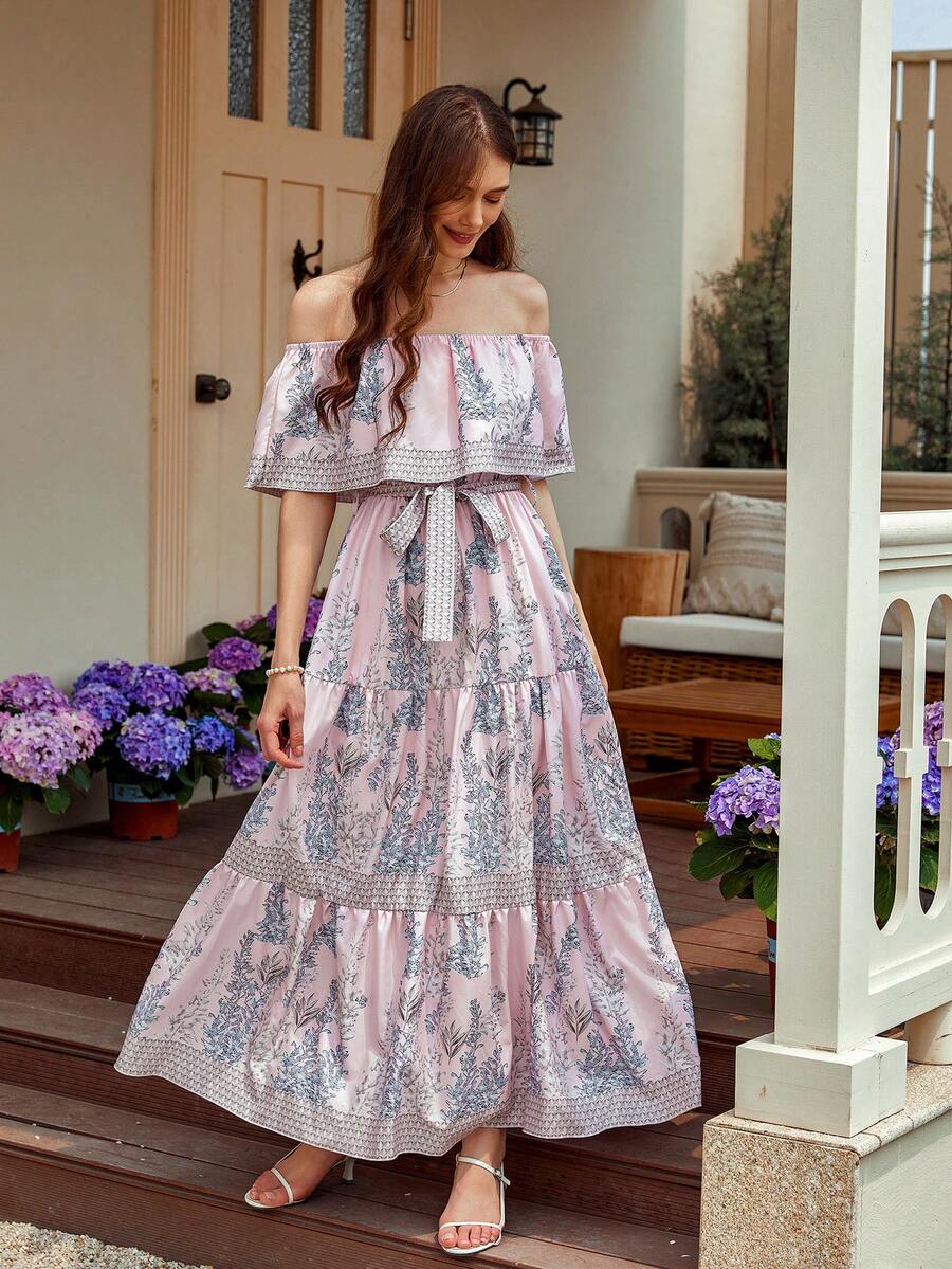 GENKIRA Đầm dài trễ vai in hoa kỳ nghỉ hè cho nữ - Nhiều màu - Xem 1