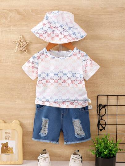 寶貝女孩夏季3件套休閒印花時尚T恤+破洞牛仔褲+帽子套裝