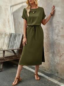 EMERY ROSE 女性夏季磚紅色圓領蝙蝠短袖中長裙