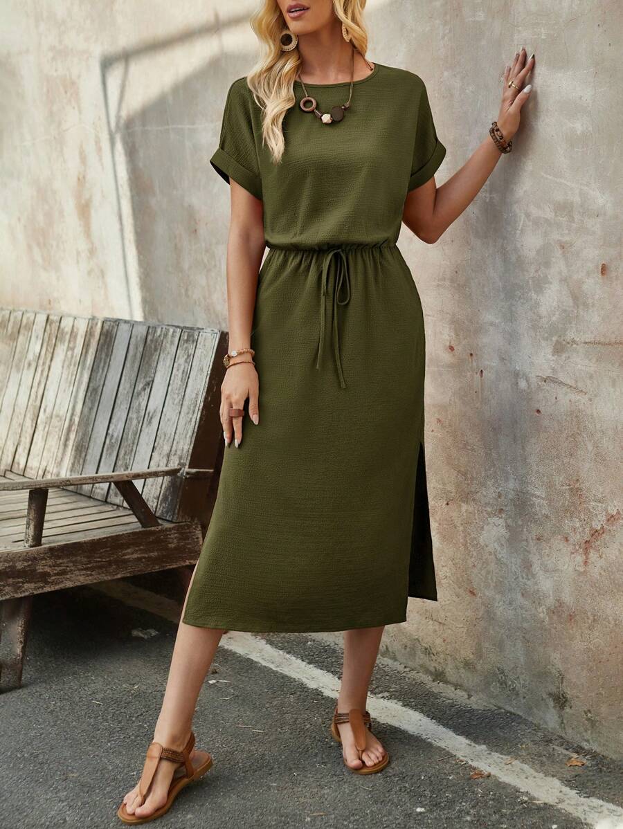 EMERY ROSE 女性夏季磚紅色圓領蝙蝠短袖中長裙