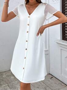 RueChic Waffle Knit Contrast Lace Raglan Sleeve Button Front Dress - White - View 3