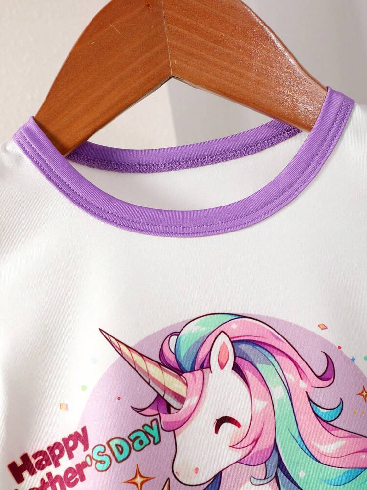 Baby Girl Leisure Cute Laser Digital Location Unicorn Print Short Sleeve Top And Shorts With Clouds Print, Multicolor Four-Piece Home Outfit Set, Snug Fit