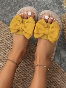 夏季舒適的優雅：女性蝴蝶結平底滑沙灘拖鞋，紮帶平底鞋海灘拖鞋 - 黃色 - 查看 2