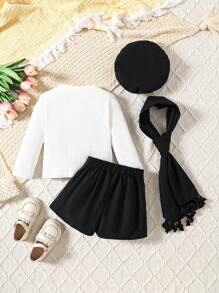 Babymeisjesset Zwarte gebreide trui met lange mouwen + korte broek + muts + sjaal 4 stuks
