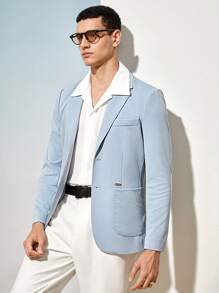 AKNOTIC Business Casual 易护理弹力男士针织纯色商务西装外套，适合秋冬穿着 - 霧霾藍 - 查看 5