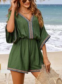 Breezaya Summer Holiday Beach Woven Belt Patch Batwing Sleeve Cinched Jumpsuit - Green - View 3