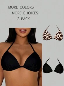 SHEIN Swim 2 piezas Top de bikini de unicolor y estampado de leopardo, conjunto de bikini de vacaciones de playa, bikini triángulo estampado de leopardo de verano