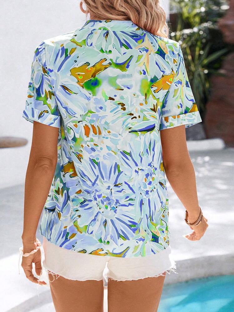 Women Short Sleeve Casual Shirt With Floral Print, Notch V-Neckline, And Vacation Style For Summer