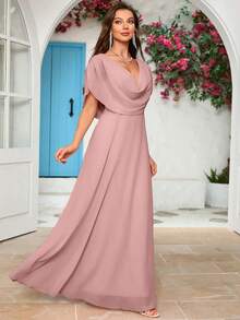 Solid Color Chiffon Draped Neck Bridesmaid Dress - Dusty Pink - View 4