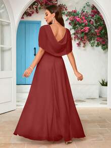 Solid Color Draped Neck Chiffon Bridesmaid Dress - Redwood - View 3