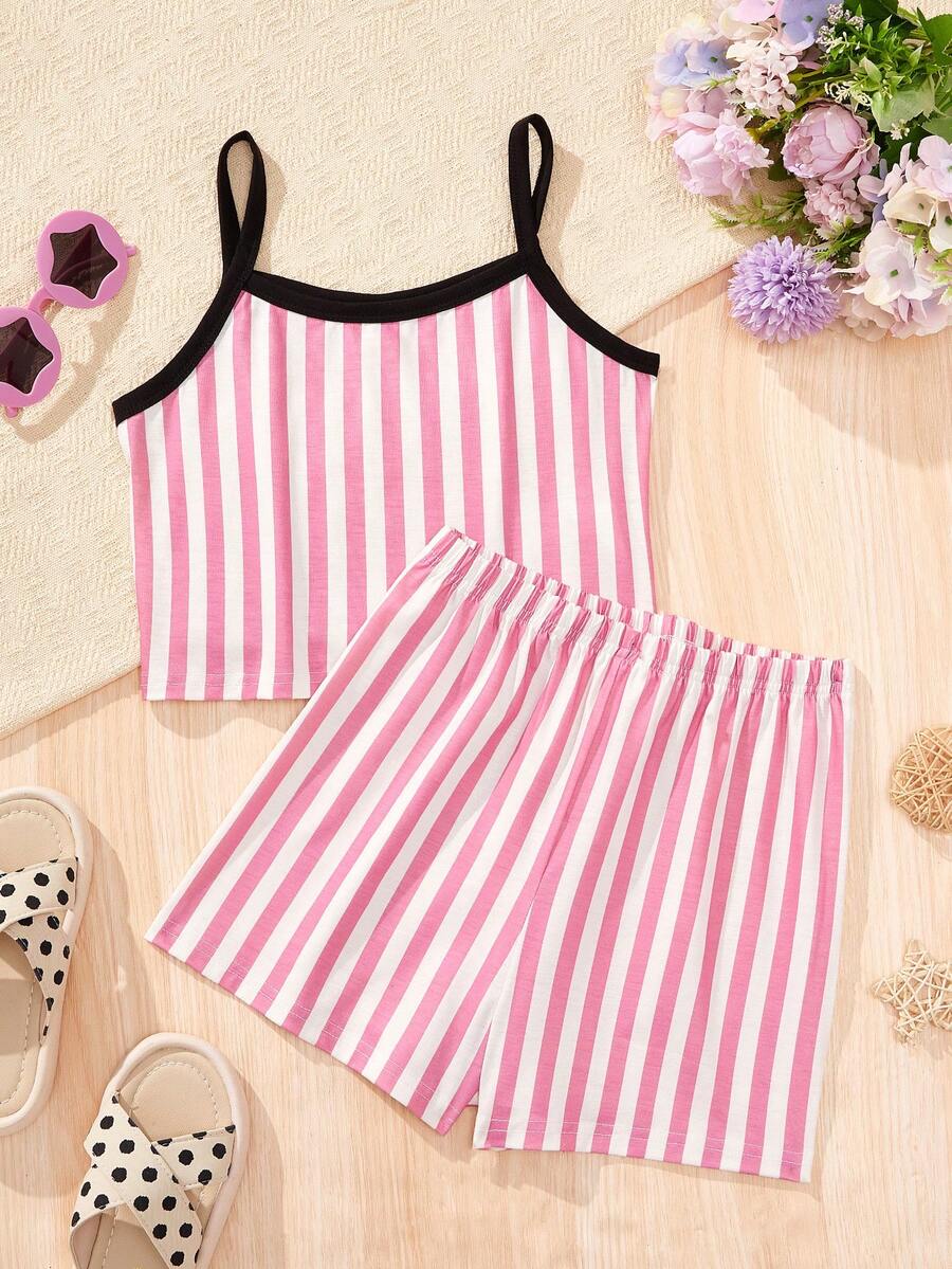 SHEIN Bộ đồ ngủ sọc và quần ngắn của Tween Girl - Hồng - Xem 1