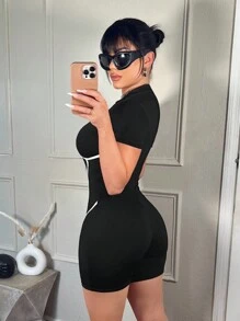 SHEIN SXY 女性夏季休閒拼接顏色修身連體衣 - 黑色 - 查看 2