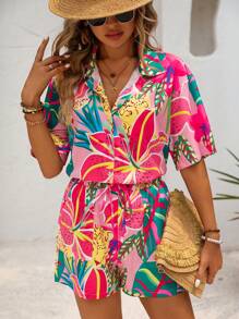 Breezaya Conjunto de camisa y pantalones cortos estampados de leopardo, flores y plantas ideal para vacaciones de verano