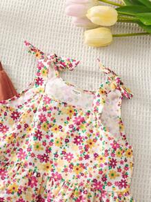 SHEIN LMoss Kids Conjunto de verano para niñas con top tipo camiseta de tirantes con estampado floral tejido y pantalones casuales sueltos y tejidos