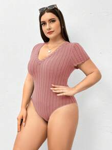 SHEIN Essnce 大碼女性新款夏季時尚休閒純色坑織布料V領短袖3入連身衣 - 粉色 - 查看 5