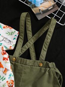 SHEIN Baby Boy Easter Bunny Patterned Collared Shirt And Solid Color Overalls Shorts Set - Mint Green - View 8