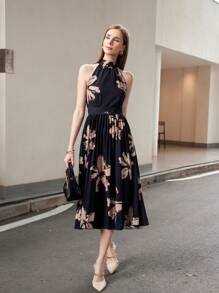 SHEIN Privé Fashionable And Elegant Personalized Strappy Sleeveless Long Dress With Printed Hem, Pleats, Waist Belt And Tie Back, Black Dresses For Women Elegant 