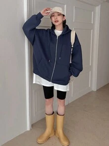 DAZY 女士Massive寬鬆休閒運動連帽束繩實色上衣