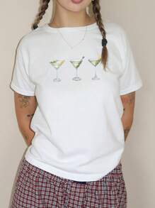 SHEIN Unity Women's Round Neck Tee With Beverage Print - White - View 4