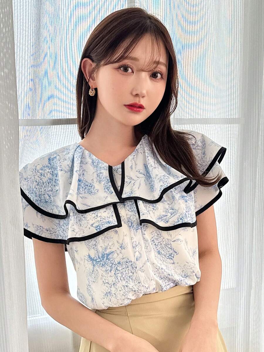 FRIFUL Women Summer Casual Plant Print Contrast-Edge Ruffle Hem Blouse Floral - Blue - View 1