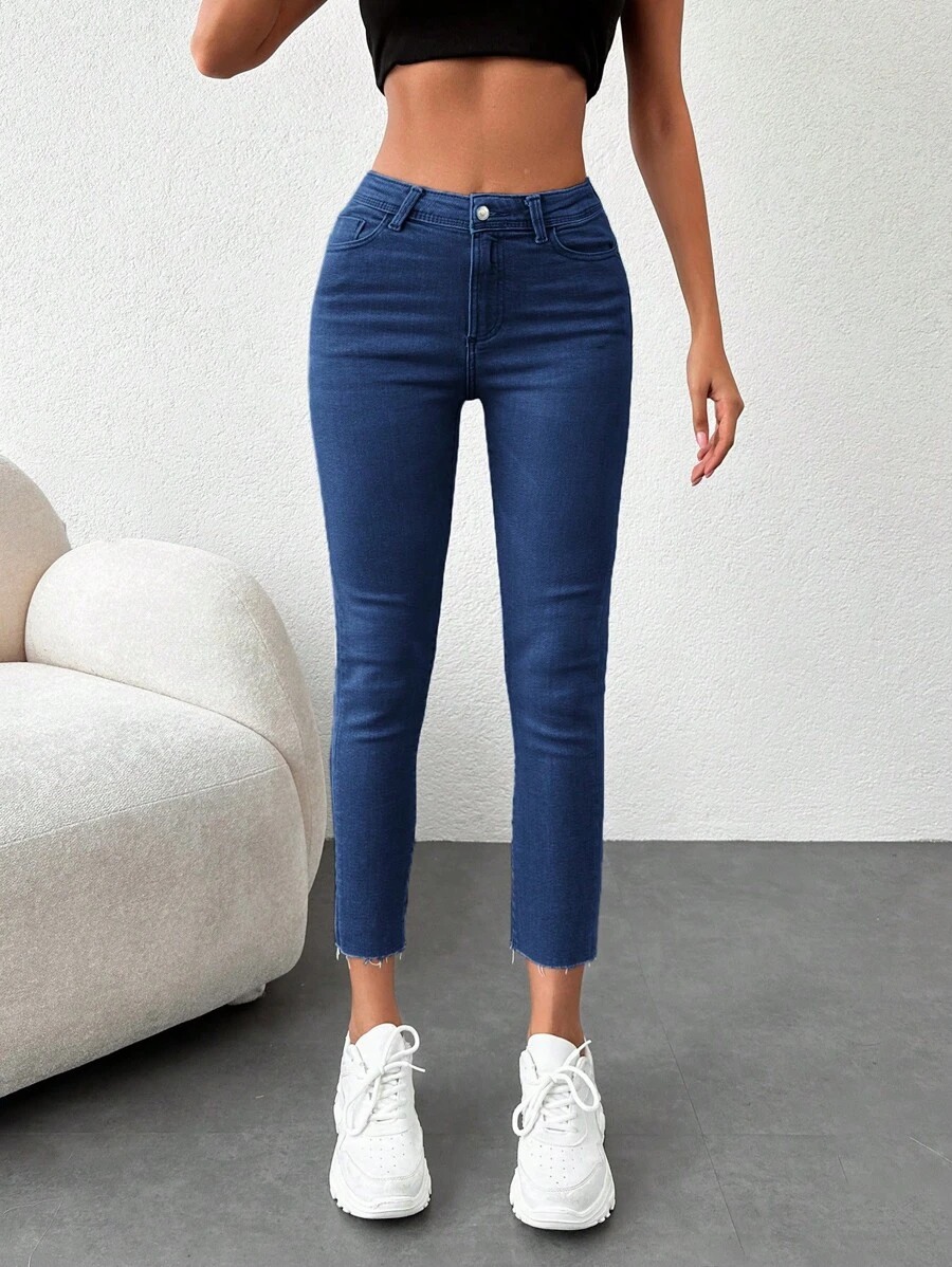 SHEIN Cottnline Solid Skinny Cropped Jeans - Dark Wash - View 1