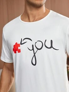 Conjunto de ropa de verano para hombre con camiseta de manga corta con letras impresas y pantalones cortos a cuadros para estar en casa - Blanco - Ver 3