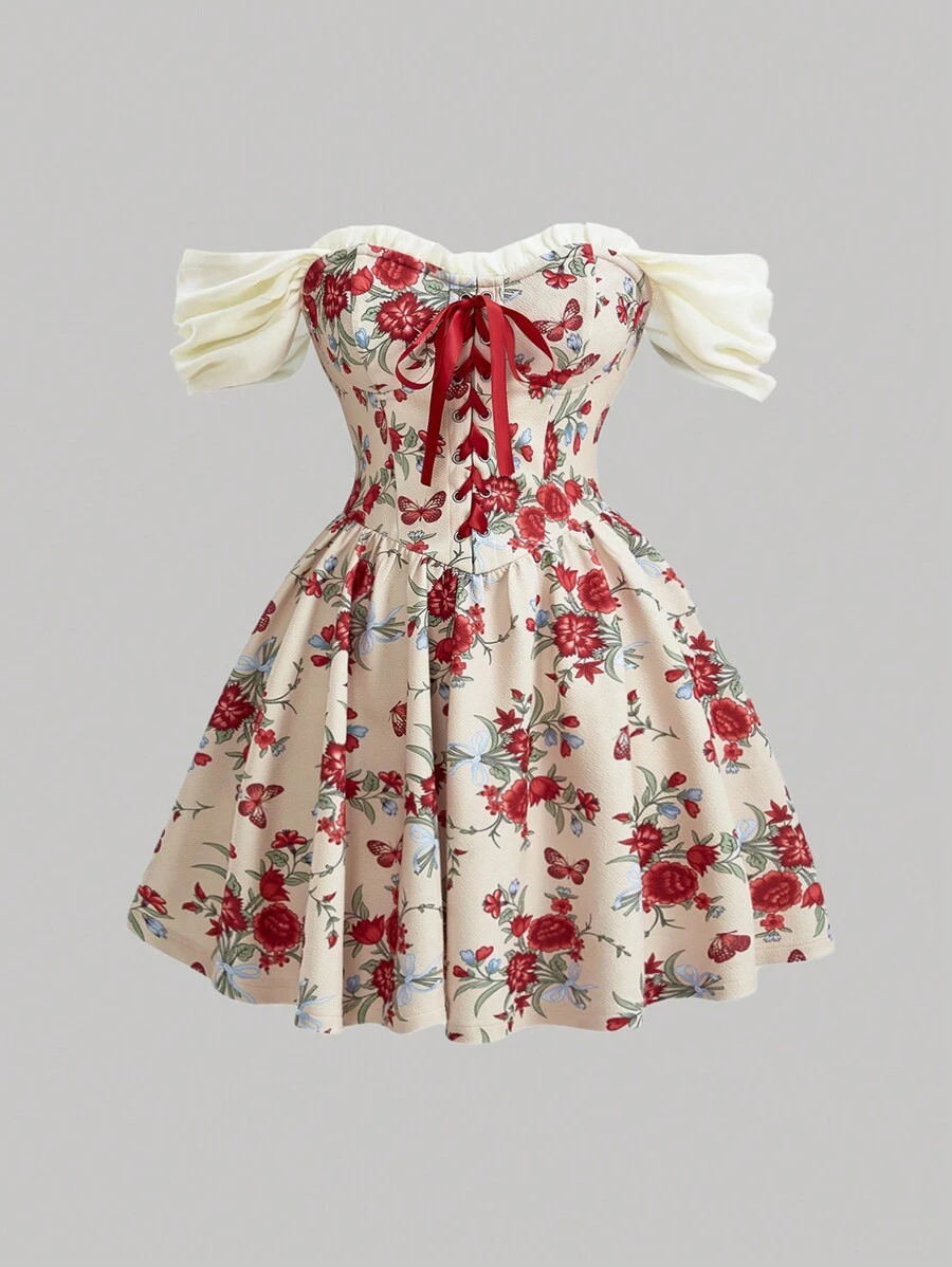 SHEIN MOD 夏日假日約會派對，蝴蝶結細節及印花色塊露肩裙連蝴蝶結肩帶