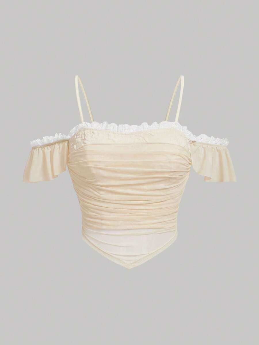 SHEIN MOD Ladies Apricot Top With Dropped Petal Hem And Rose Point Design