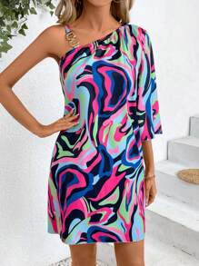 Breezaya Women Dresses Asimetris Rantai All Over Print Pola Bertekstur Casual - Hitam - View 4