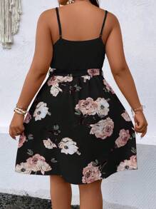 EMERY ROSE Plus Floral Print Split Hem Belted Cami Summer Boho Dress - Black - View 2