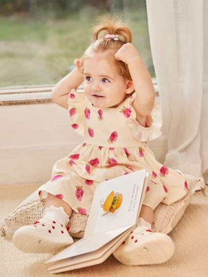 Cozy Pixies Baby Girl Strawberry Patterned Sleeveless Dress With Ruffle Trim And Cinched Waist