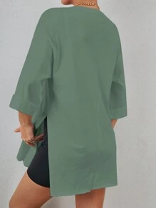 Cottnline Áo thun nữ mùa hè màu trơn cổ tròn tay 3/4 có viền xẻ để mặc thường ngày - Màu xanh Bạc hà - Xem 2
