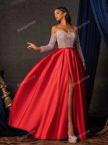 Women's Color Block Off Shoulder Long Sleeve Beaded Decor Long Elegant Evening Dress, Formal