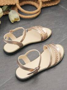 New Women Outdoor Comfortable Anti-Slip Solid Color Ankle Strap Open Toe Metallic Flat Sandals For Summer - Gold - View 6