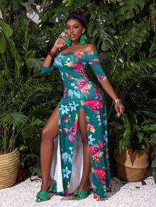 Slaydiva 休閒度假露肩短袖高開叉連至大腿裙，全身熱帶花卉印花女裝連衣裙-C - 彩色 - 查看 6