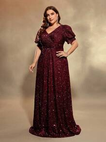 UNITHORSE Plus Size V-Neck Puff Sleeves Formal Dress Party Dress Wedding Guest Dress Evening Dress - Burgundy - View 6