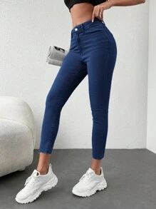 SHEIN Cottnline Solid Skinny Cropped Jeans - Dark Wash - View 3