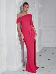 ADYCE Women's Elegant One-Shoulder Single Long Sleeve Floor-Length Maxi Dress, Suitable For Galas, Birthday Parties, Formal Dinners, Dates, Homecoming, Wedding Guest Attire, Formal Evenings, And Family Gatherings. - Hot Pink - View 4