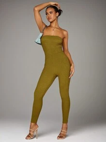 SHEIN BAE Fashion Solid Textured Strapless Unitard - Mustard Yellow - View 5