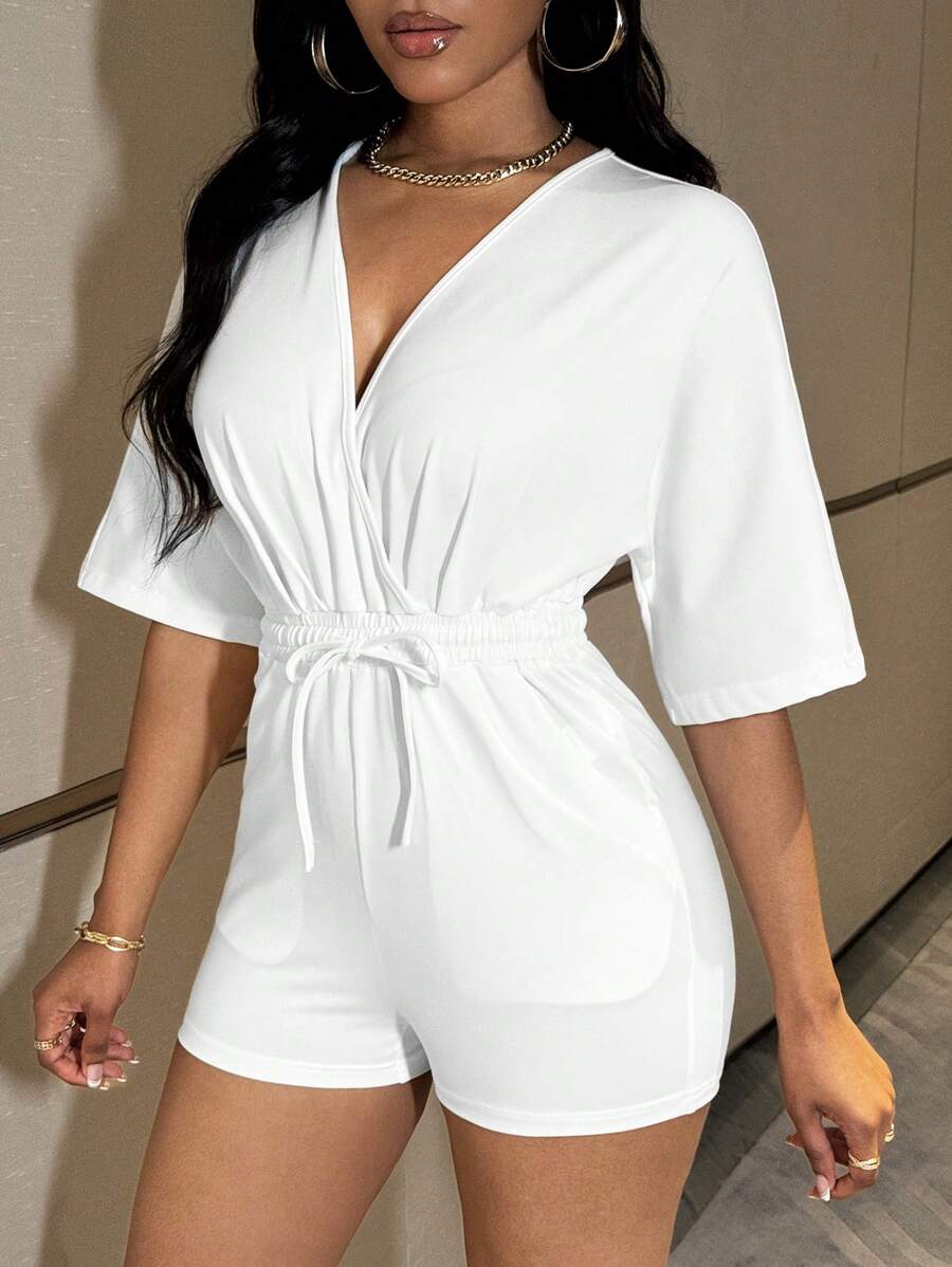 Slaydiva Women Jumpsuits Simpul Kantong Membungkus Plain Casual - Putih - View 1