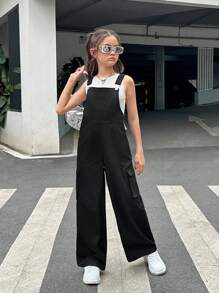 青少年女孩街頭風針織無袖背心連背帶褲 - 黑與白 - 查看 5