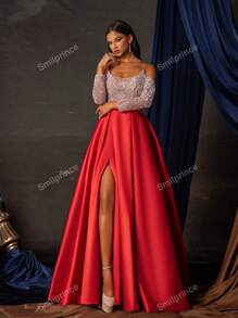 Women's Color Block Off Shoulder Long Sleeve Beaded Decor Long Elegant Evening Dress, Formal