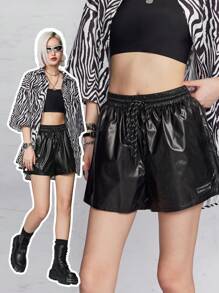 SHEIN EZwear Glossy Metallic Windbreaker Shorts Cool Girl Fashionable All-Matching Style - Black - View 1
