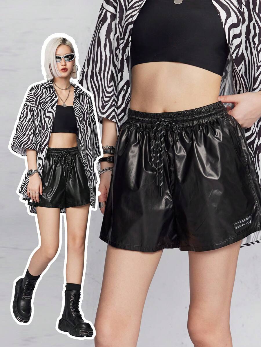 SHEIN EZwear Glossy Metallic Windbreaker Shorts Cool Girl Fashionable All-Matching Style - Black - View 1