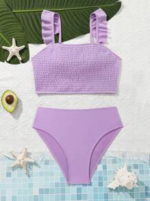 Teen Girls Solid Color Bikini Set Shirred Ruffle Bra And Bikini Bottom Summer Bathing Suit, For Beach, Swimming Pool - Purple - View 1
